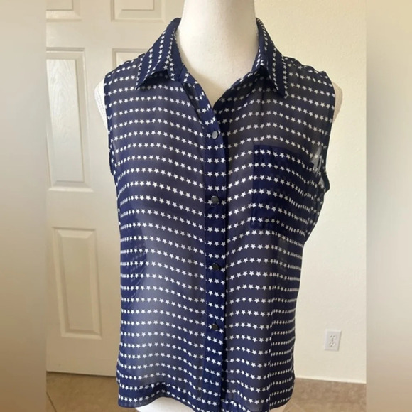 Liz Claiborne Blue White Star Print Sheer Sleeveless Tank Top Women's Size Small - Picture 5 of 11